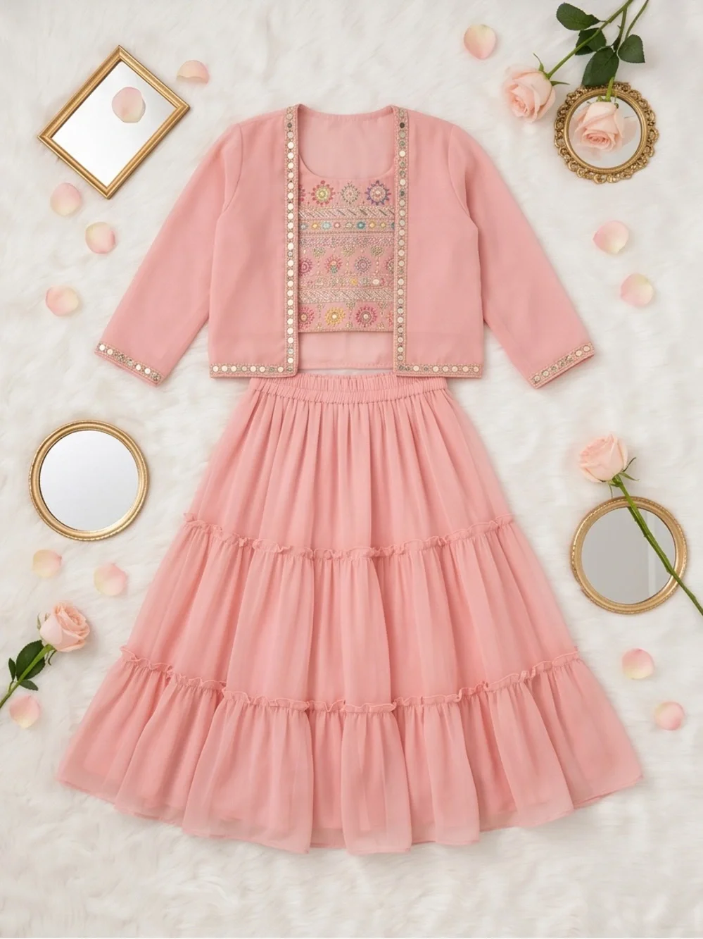 Ethnic Indian Wear Girls' Pink Tiered Tulle Dress with Embellished Jacket
